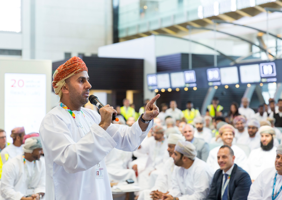 Skh Aimen Al-Hosni motivating Oman Airports staff before commencing operation on 20th March 2018